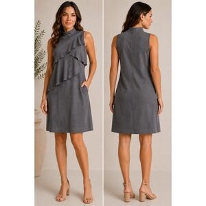 Mud Pie Gray Faux Suede Ruffle Tiered Mock Neck Sheath Dress Womens Medium